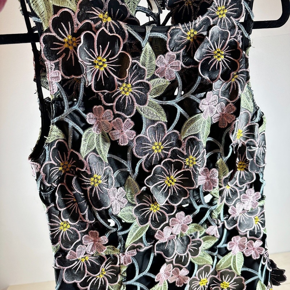 Topshop Black Multi PU Leather‎ Lace Floral Appliqué Shift Dress 6 Embroidered - Picture 9 of 13